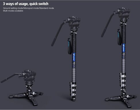 Leofot MV-324CL+VD-03 Long Carbon Fiber Flip Lock Pro Video Camera Monopod with Tripod Stand Max Load 22lb, Height: 1800mm in Kuwait