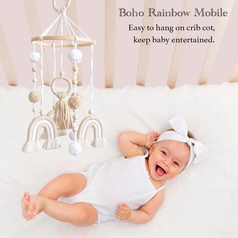 Baby Mobile for Crib, Rainbow Boho Crib Mobile Gender Neutral Nursery Mobile Decor for Infants Boys and Grils, Hanging Baby Crib Mobile Boho for Infant Bedroom Nursery Ceiling Decoration - Pink in Saudi Arabia