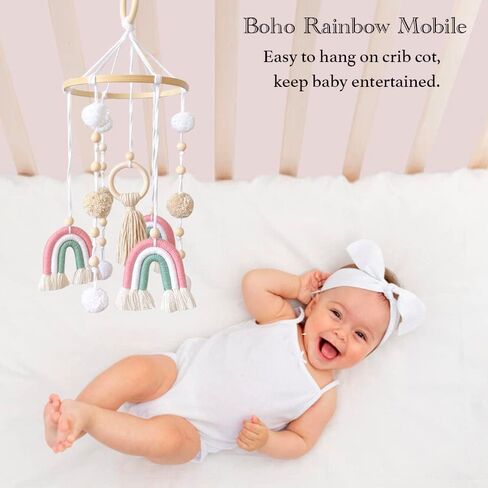 Baby Mobile for Crib, Rainbow Boho Crib Mobile Gender Neutral Nursery Mobile Decor for Infants Boys and Grils, Hanging Baby Crib Mobile Boho for Infant Bedroom Nursery Ceiling Decoration - Pink in Kuwait
