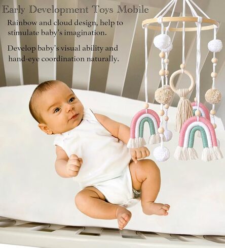 Baby Mobile for Crib, Rainbow Boho Crib Mobile Gender Neutral Nursery Mobile Decor for Infants Boys and Grils, Hanging Baby Crib Mobile Boho for Infant Bedroom Nursery Ceiling Decoration - Pink in Kuwait