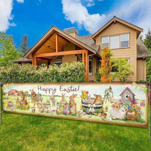 لافتة عيد الفصح السعيدة، زخارف ربيعية كبيرة، علامة ساحة عيد الفصح العتيقة مع بيض عيد الفصح الملون والحيوانات للاستخدام الداخلي والخارجي، لوازم حفلات عيد الفصح - 9.8 قدم × 1.96 قدم in Kuwait
