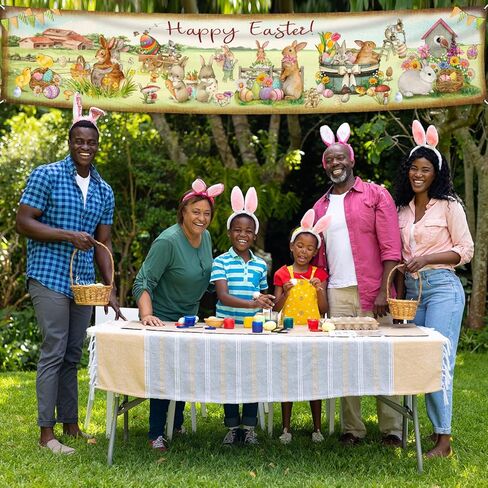 لافتة عيد الفصح السعيدة، زخارف ربيعية كبيرة، علامة ساحة عيد الفصح العتيقة مع بيض عيد الفصح الملون والحيوانات للاستخدام الداخلي والخارجي، لوازم حفلات عيد الفصح - 9.8 قدم × 1.96 قدم in Kuwait