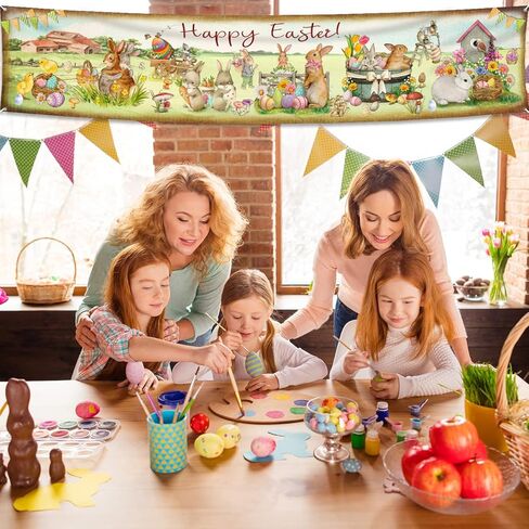 لافتة عيد الفصح السعيدة، زخارف ربيعية كبيرة، علامة ساحة عيد الفصح العتيقة مع بيض عيد الفصح الملون والحيوانات للاستخدام الداخلي والخارجي، لوازم حفلات عيد الفصح - 9.8 قدم × 1.96 قدم in Kuwait