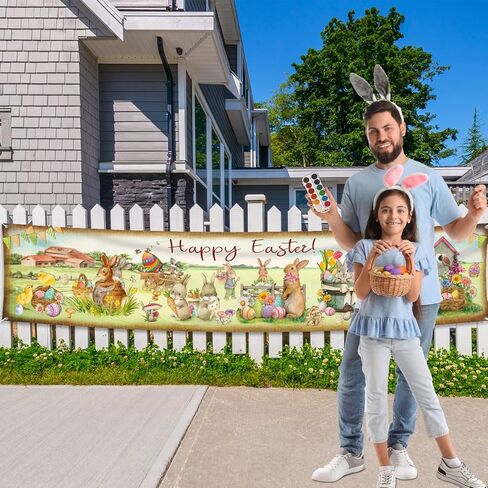 لافتة عيد الفصح السعيدة، زخارف ربيعية كبيرة، علامة ساحة عيد الفصح العتيقة مع بيض عيد الفصح الملون والحيوانات للاستخدام الداخلي والخارجي، لوازم حفلات عيد الفصح - 9.8 قدم × 1.96 قدم in Kuwait