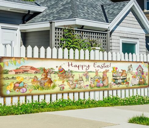 لافتة عيد الفصح السعيدة، زخارف ربيعية كبيرة، علامة ساحة عيد الفصح العتيقة مع بيض عيد الفصح الملون والحيوانات للاستخدام الداخلي والخارجي، لوازم حفلات عيد الفصح - 9.8 قدم × 1.96 قدم in Kuwait