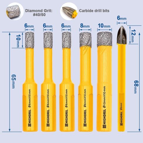 HIGHDRIL Diamond Drill Bit Set - 6pcs 1/4" 1/4" 1/4" 5/16" 3/8" Tile Drill Bits with Triangle Shank and 1/4" Carbide Drill for Granite Marble Porcelain Ceramic, Diamond Core Drill Bit Kit in Saudi Arabia
