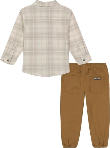Timberland Baby Boys 2-Piece Long Sleeve Woven Shirt & Pant Set, Everyday Wear, Comfortable Fit, Turtledove/Ermine in Saudi Arabia