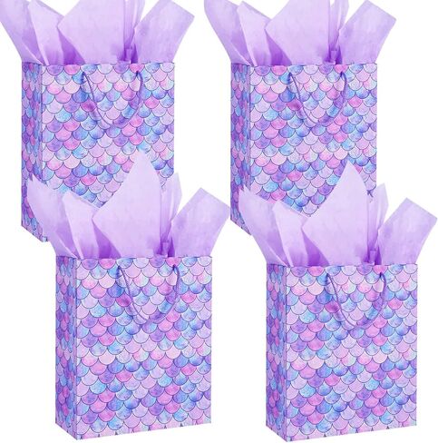 أكياس هدايا بمقياس حورية البحر مقاس 30.48 سم من U'COVER مقاس متوسط ​​مع حقيبة مناديل ورقية للفتيات والأطفال وحفلات استقبال المولود الجديد لصالح حفلات الزفاف والذكرى السنوية 4 عبوات 10 * 4 * 12 بوصة in Kuwait