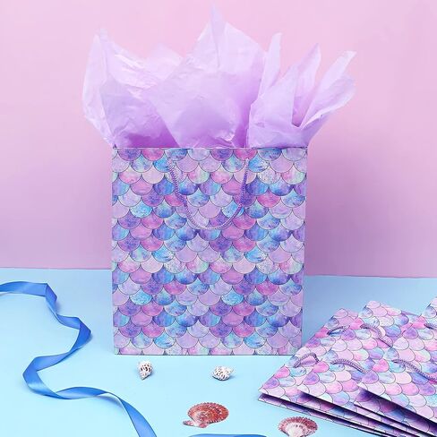 أكياس هدايا بمقياس حورية البحر مقاس 30.48 سم من U'COVER مقاس متوسط ​​مع حقيبة مناديل ورقية للفتيات والأطفال وحفلات استقبال المولود الجديد لصالح حفلات الزفاف والذكرى السنوية 4 عبوات 10 * 4 * 12 بوصة in Kuwait
