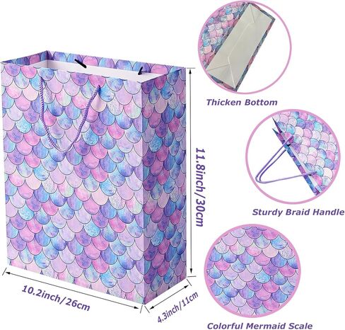 أكياس هدايا بمقياس حورية البحر مقاس 30.48 سم من U'COVER مقاس متوسط ​​مع حقيبة مناديل ورقية للفتيات والأطفال وحفلات استقبال المولود الجديد لصالح حفلات الزفاف والذكرى السنوية 4 عبوات 10 * 4 * 12 بوصة in Kuwait