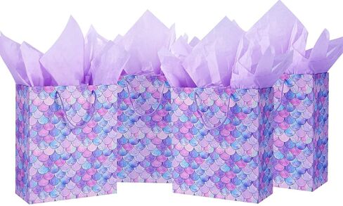 أكياس هدايا بمقياس حورية البحر مقاس 30.48 سم من U'COVER مقاس متوسط ​​مع حقيبة مناديل ورقية للفتيات والأطفال وحفلات استقبال المولود الجديد لصالح حفلات الزفاف والذكرى السنوية 4 عبوات 10 * 4 * 12 بوصة in Kuwait