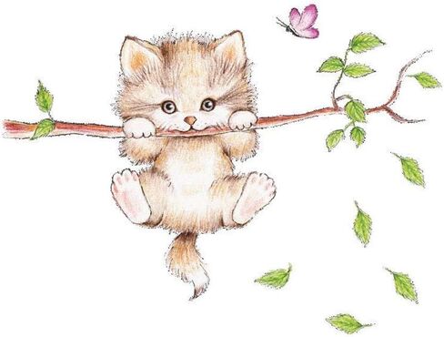 Woodland Arts Wland 28 بوصة × 22 بوصة كارتون لطيف القط على فروع شجرة جدار الشارات ملصقات الحائط ديكور الفتيات غرفة نوم صائق أطفال الحضانة ملصق الحمام غرفة اللعب in Kuwait