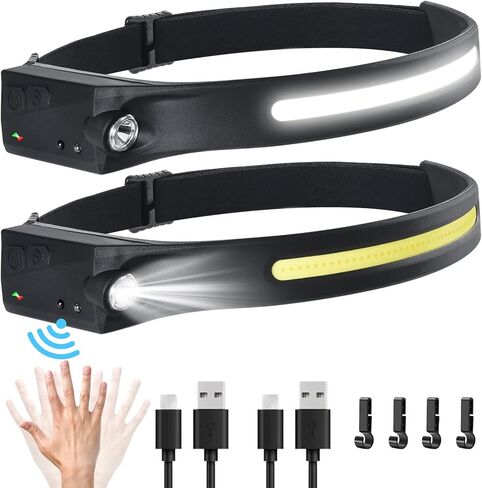 مصباح أمامي LED من Soshine قابل لإعادة الشحن، 2 حزمة من المصابيح الأمامية 230 شعاع عريض LED مستشعر حركة، 5 أوضاع خفيفة الوزن مقاومة للماء للمصابيح الأمامية للتخييم والجري وركوب الدراجات وصيد الأسماك والإصلاح in Kuwait