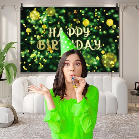 St.Patrick's Day Happy Birthday Banner Backdrop Lucky Irish Green Glowing Shamrock Theme Background Decor for Boys Girls Birthday Party Photo Booth Favors Decorations Supplies 70.8x47.2in-LIANGSS in Saudi Arabia
