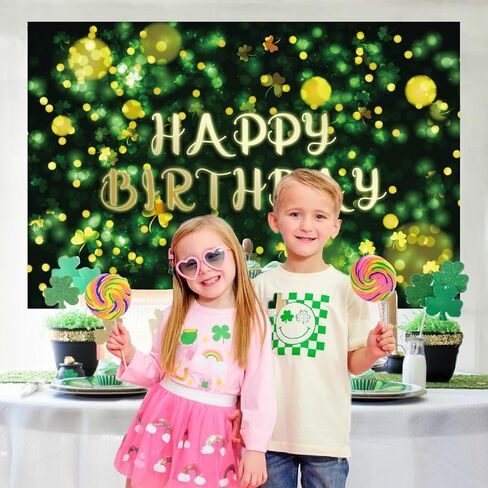St.Patrick's Day Happy Birthday Banner Backdrop Lucky Irish Green Glowing Shamrock Theme Background Decor for Boys Girls Birthday Party Photo Booth Favors Decorations Supplies 70.8x47.2in-LIANGSS in Saudi Arabia