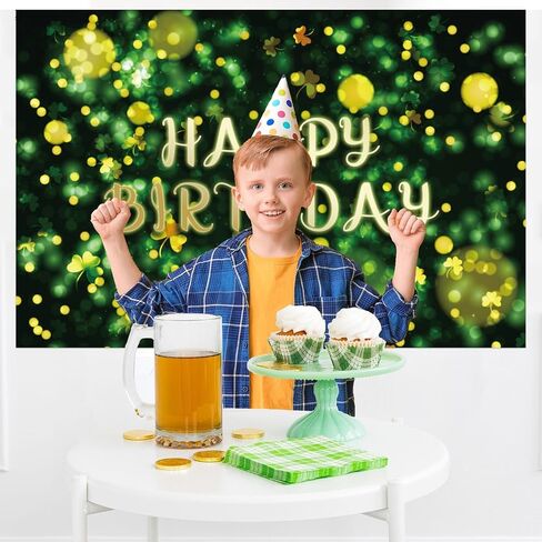 St.Patrick's Day Happy Birthday Banner Backdrop Lucky Irish Green Glowing Shamrock Theme Background Decor for Boys Girls Birthday Party Photo Booth Favors Decorations Supplies 70.8x47.2in-LIANGSS in Saudi Arabia