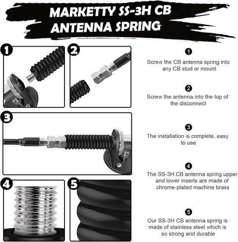 Marketty SS-3H CB هوائي الربيع، الفولاذ المقاوم للصدأ الثقيلة هوائي الراديو CB جبل الربيع، الربيع لتناسب الهاتف المحمول / في السيارة هوائي راديو CB يصل إلى 60 بوصة طويلة و3/8 بوصة × 24 خيط (أسود) in Saudi Arabia
