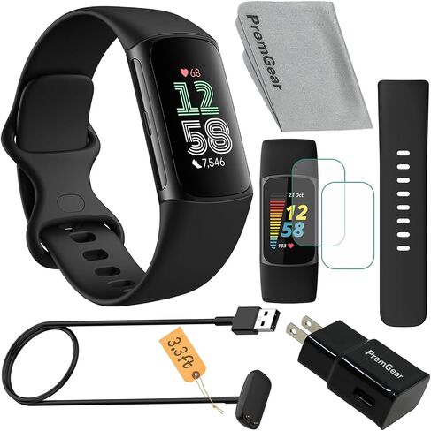 Fitbit Charge 6 Fitness Tracker Watch (Black) Bundle with 2 Watch Bands, 3.3foot Charge Cable, Wall Adapter, Screen Shields & Cloth Compatible with Fitbit in Saudi Arabia