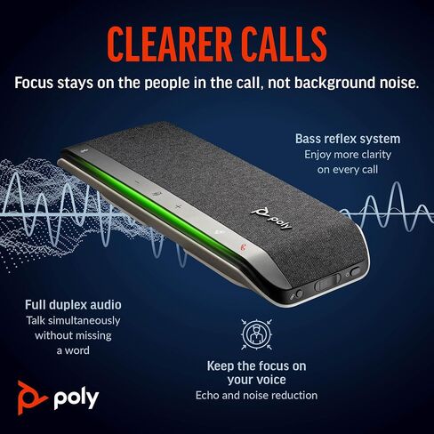 مكبر صوت ذكي Poly - Sync 40 (Plantronics) - مساحات عمل مرنة - يمكن توصيله بجهاز الكمبيوتر/Mac عبر كابل USB-A/USB-C المدمج والهواتف الذكية عبر البلوتوث - يعمل مع الفرق والتكبير والمزيد، أسود in Saudi Arabia