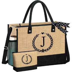 GhvyenntteS Birthday Gifts for Women, Initial Jute Tote Bag & Makeup Bag with Zipper Adjustable Strap, Personalized Gifts