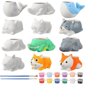 Sunnychicc 6 Sets 5.5 x 2.7'' DIY Ceramic Animal Succulent Pots Paintable Animal Ceramic Flowerpots with Drainage Hole Unpainted Bisque Ceramics Ready to Paint for Kids Adult Valentine‘s Day Craft