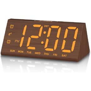 JALL Wooden Digital Alarm Clocks for Bedrooms, Large Bold Digits Electric Desk Clock, with Dual Alarm, USB Port, DST, Auto Dimmer for Wood Decor, Bedside, Gift, Brown