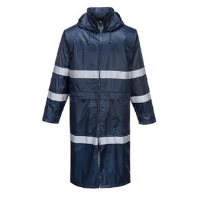 Portwest F438 Men's Waterproof Raincoat - Reflective Long Rain Jacket with Hood and Pockets Navy, Small
