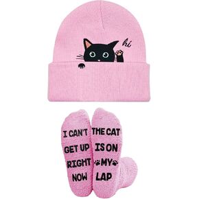 Cat Lover Gifts for Women, Cute Cat Beanie Winter Hat and Funny Socks for Teenage Teen Girl Mom Owners Pink