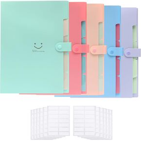 5 Pack Expanding File Folders with 168 pcs Labels, Accordion Document Organizer with 5-Pocket,A4 Letter Size with Snap Closure for School and Office