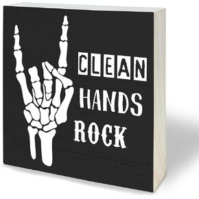 4"X4" Gothic Wooden Block Sign - Clean Hands Rock - Black Pine Wood Plaque, Home & Bathroom Decor, Toilet Ornament, Shelf Supplies, Decorative Housewarming Gift - A23 in Kuwait