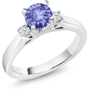Gem Stone King 925 Sterling Silver Blue Tanzanite 3-Stone Engagement Ring For Women (1.12 Cttw, Round 6MM, Gemstone December Birthstone, Available in Size 5,6,7,8,9)