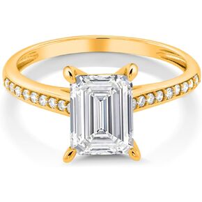 Gem Stone King 2.18 Cttw 10K Yellow Gold IGI Certified Lab Grown Diamond Engagement Ring For Women | Center Emerald Cut Diamond 2 Ct | F-G Color | VS1 Clarity | Available in Size 5 to 10