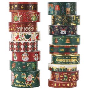 17 Rolls Christmas Washi Tape Holiday Masking Tape Red Green Christmas Wrapping Tape Glod Foil Decorative Tape for Christmas Scrapbook Journal DIY Craft Gift Wrapping（Xmas Dark