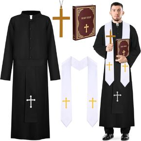 4Pack Priest Costume Outfit for Adult White Stole Black Robe for Halloween Christmas Clergy Cosplay Party Supplies