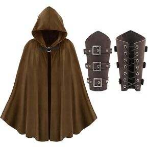 HyperFun Renaissance Hooded Cape Medieval Cloak with Leather Bracers Accessories for Wizard Witch Halloween Men Women