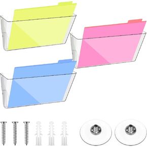 3 Pcs Legal Size Clear Plastic Single Pocket Wall Mount File Holder with Suction Cups and Screws Wall File Hanging Folder Legal Size Paper Mail Organizer for Office Home Classroom