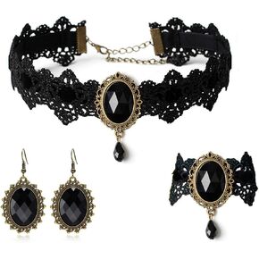 Gothic Victorian Style Vampire Choker Necklace Bracelet Earrings Set,Halloween Pirate Steampunk Witch Vampire Costume Accessories Jewelry for Women,Adjustable Size