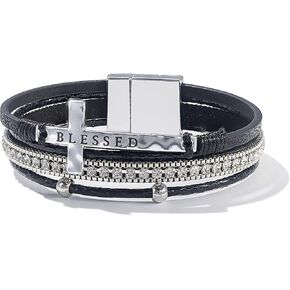 FANCY SHINY Cross Leather Bracelets Christian Jewelry Religious Gifts for Women Boho Wrap Cuff Bangle Bracelets with Magnetic Clasp