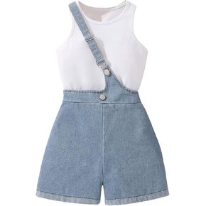 SHENHE Girl's Two Piece Summer Outfits Denim Overall Shorts with Crew Neck Tank Top Set