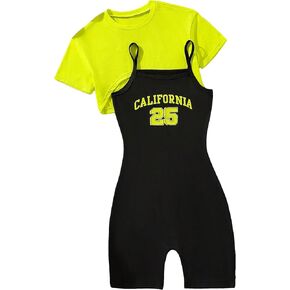 طقم ملابس للفتيات من SweatyRocks مكون من قطعتين برقبة دائرية وحاشية عالية ومنخفضة وطباعة حروف بدون أكمام طقم رومبير كامي