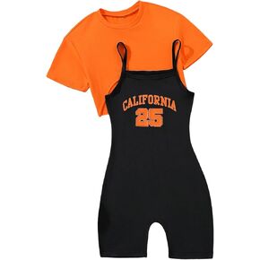 SweatyRocks Girl's 2 Piece Outfits Crew Neck High Low Hem Tee Top and Letter Print Sleeveless Cami Romper Set
