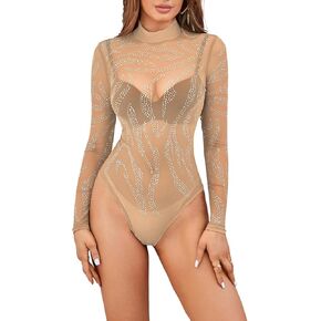 Pasgreson Women's Sheer Mesh Long Sleeve Bodysuit Mock Neck Tops Sexy See Through Sparkle Rhinestone Leotard Bodysuits