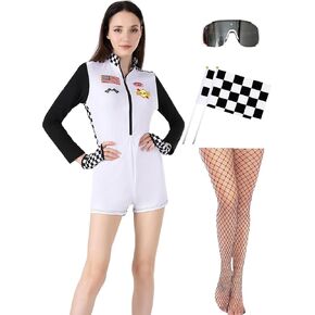 Speed Sexy Race Car Driver Halloween Costume Woman, 6 Pcs Racecar Costume Women Long Sleeves Jumpsuit Outfit