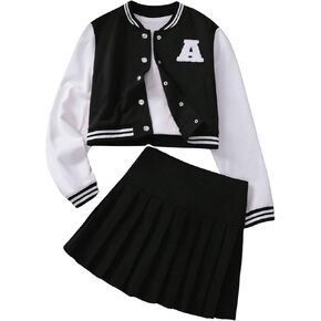 Girl's 2 Piece Outfit Letter Embroidery Baseball Jacket and Pleated Short Skirt Set