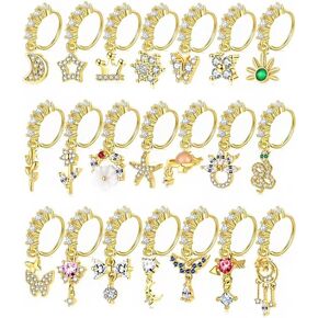 Tornito 21Pcs 20G Dangle Nose Rings Hoop Butterfly Crown Moon Snake Arrow Flower Star Leaf Bowtie CZ Cartilage Earring Dangling Nostril Body Piercing Jewelry for Women Silver Gold Tone