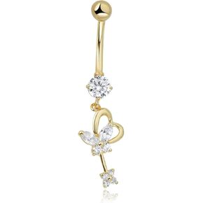 AVORA 10K Gold Simulated Diamond CZ Dangling Heart Butterfly Belly Button Ring Body Jewelry (14 Gauge)