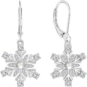 Women Snowflake Pearl Earrings,925 Sterling Silver Snowflake Dangle Drop Earrings for Christmas Thanksgiving Day Jewelry Gifts