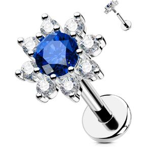 OUFER Tragus Piercing, Stainless Steel 16G Helix Tragus Earrings Flat Back, Internally Threaded Floral Ruby CZ Helix Cartilage Tragus Lip Labret Piercing Jewelry for Women Men-Ruby 6MM