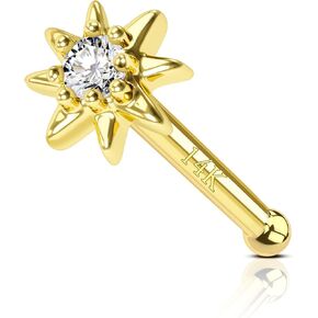 COCHARM 14K Yellow Gold Nose Stud 20g 14K Real Gold Nose Ring Stud Star Nose Bone Nose Piercing 14kt Solid Gold Nose Piercing Jewelry for Women Men 7mm Long