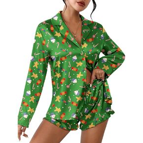Ekouaer Womens Satin Pajama Sets Long Sleeve Top and Shorts Lounge Set Button Down Sleepwear S-XXL
